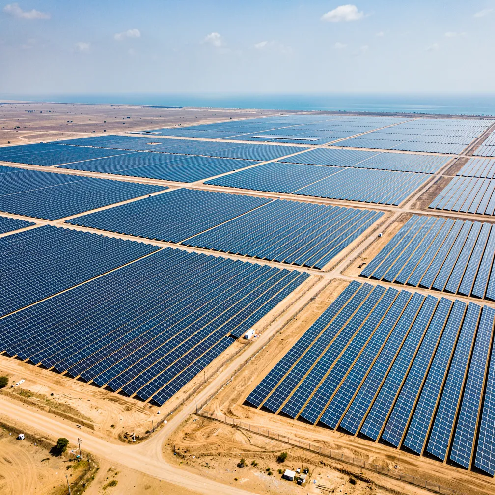 Aerial view of solar panels at the Dholera solar park