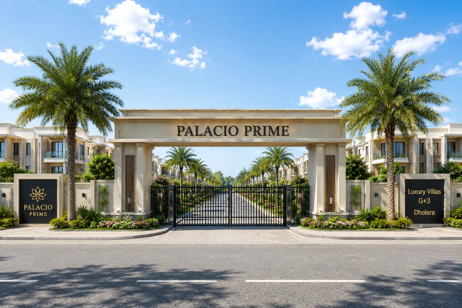 Artist impression of the gated entrance at Palacio Prime, a residential land parcel community inside Dholera SIR