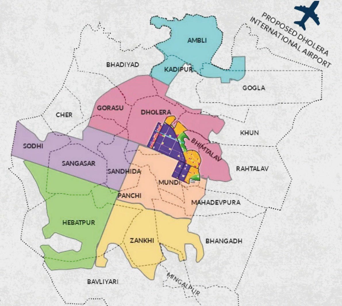 Map of Dholera Special Investment Region showing six town planning schemes coloured separately, the 22 villages named across them, the Activation Area at the centre, and the proposed Dholera International Airport on the north east edge